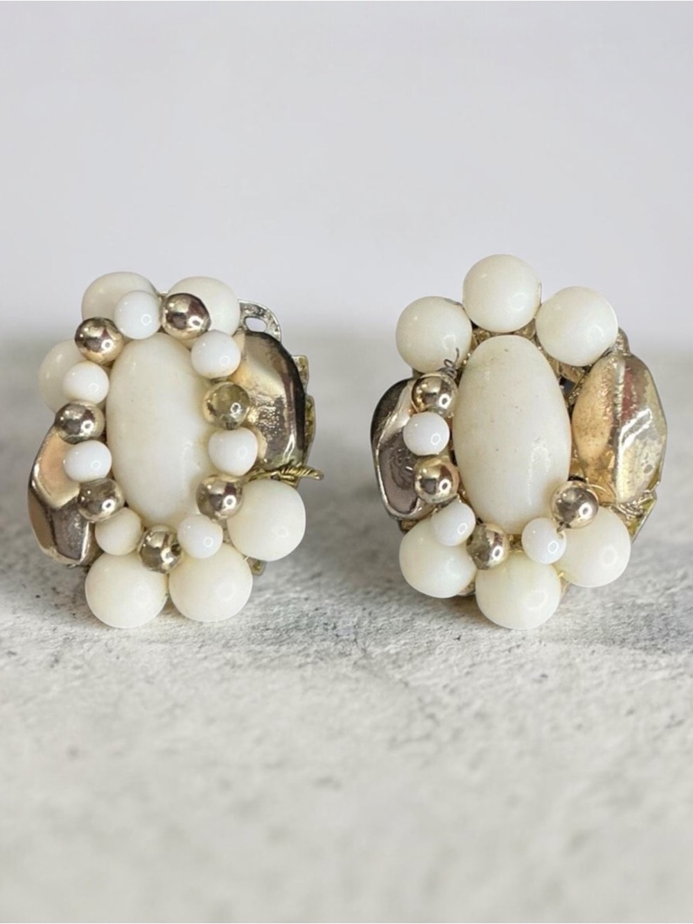 Vintage White and Gold Beaded Cluster Clip On Earrings